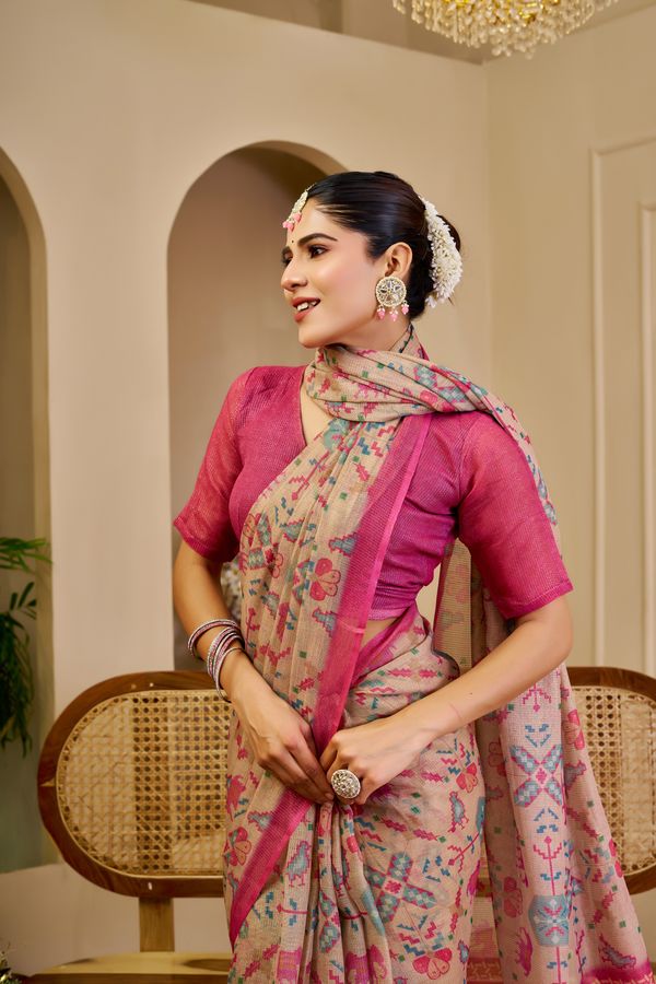 Tissue Handloom Cotton Saree with Zari Weave & Floral Print