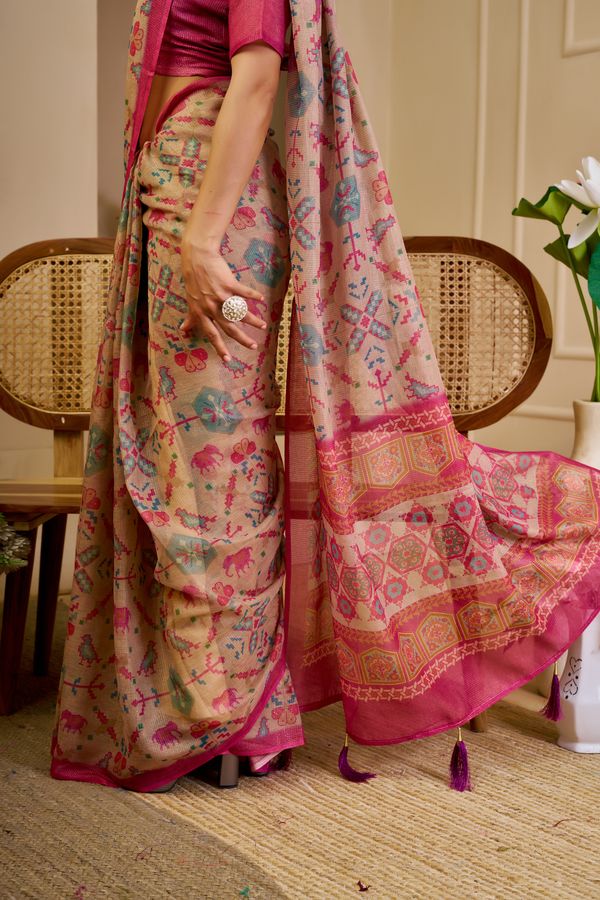 Tissue Handloom Cotton Saree with Zari Weave & Floral Print