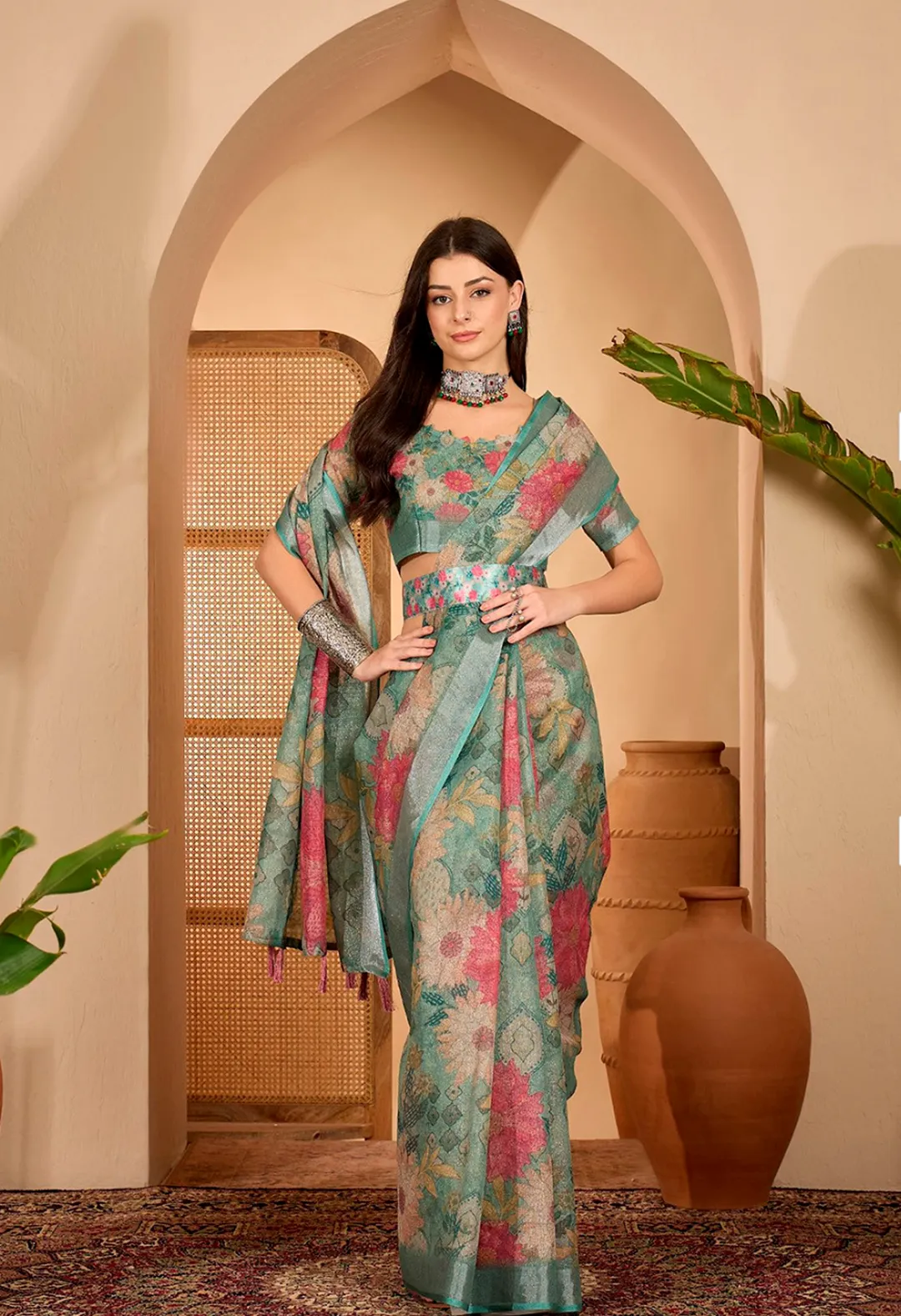 Teal Floral Printed Linen Cotton Saree With Matching Blouse