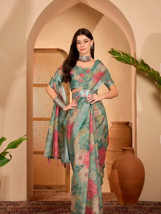 Teal Floral Printed Linen Cotton Saree With Matching Blouse