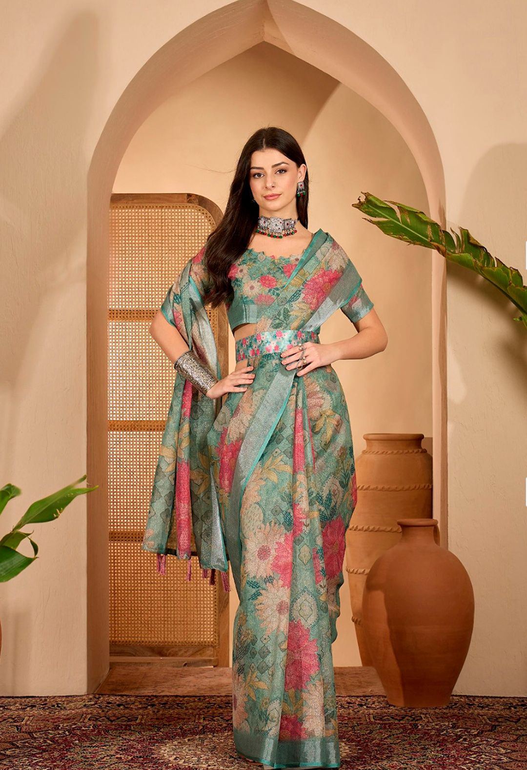 Teal Floral Printed Linen Cotton Saree With Matching Blouse