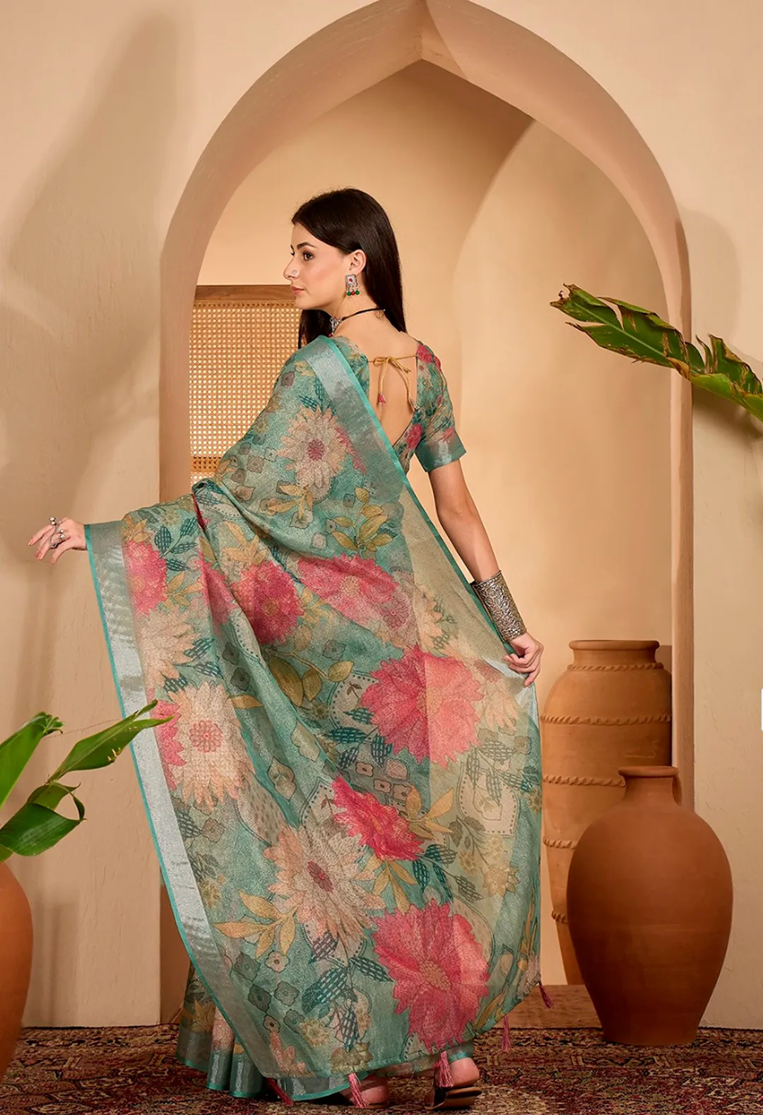 Teal Floral Printed Linen Cotton Saree With Matching Blouse