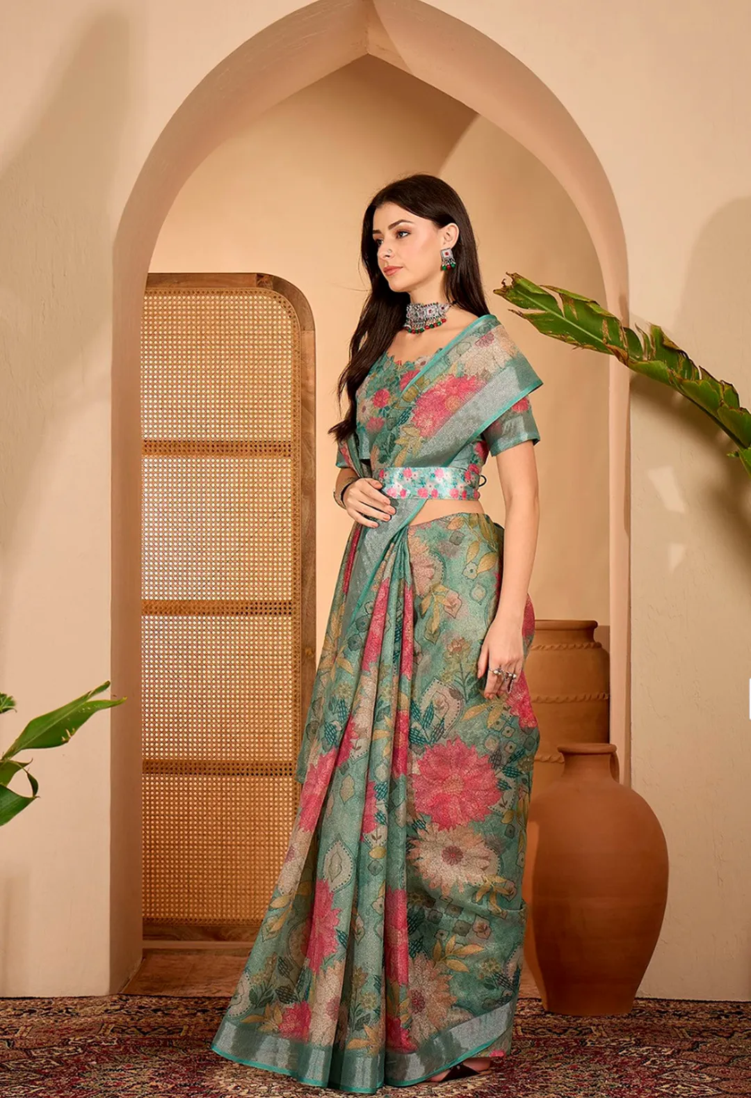 Teal Floral Printed Linen Cotton Saree With Matching Blouse