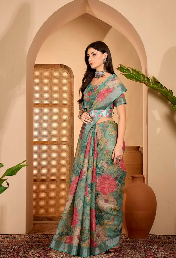 Teal Floral Printed Linen Cotton Saree With Matching Blouse