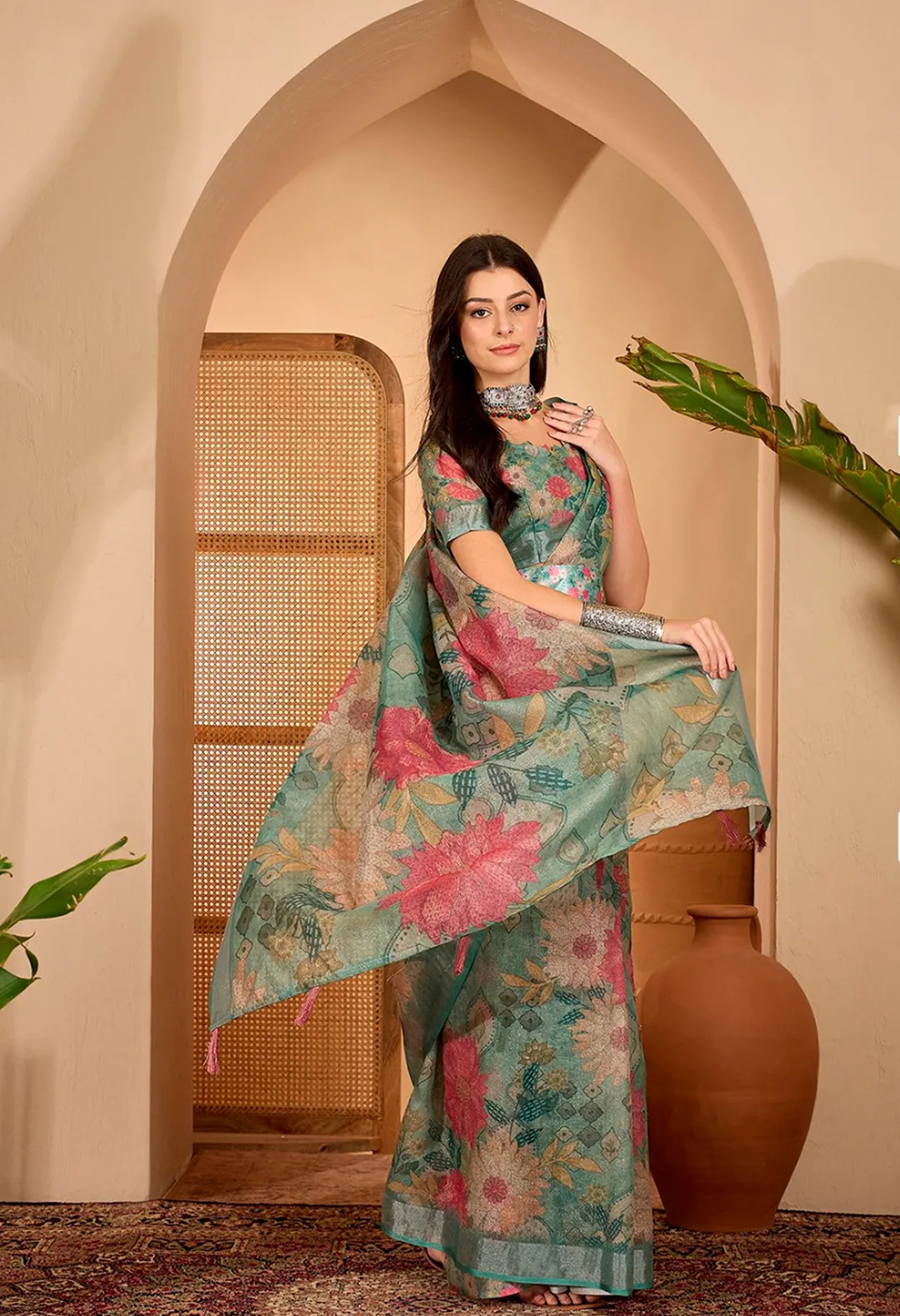 Teal Floral Printed Linen Cotton Saree With Matching Blouse