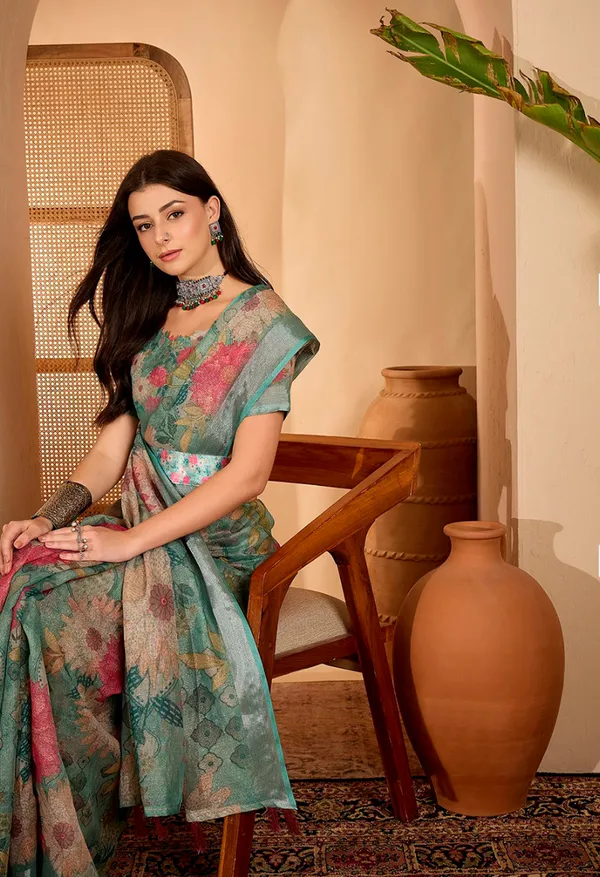 Teal Floral Printed Linen Cotton Saree With Matching Blouse