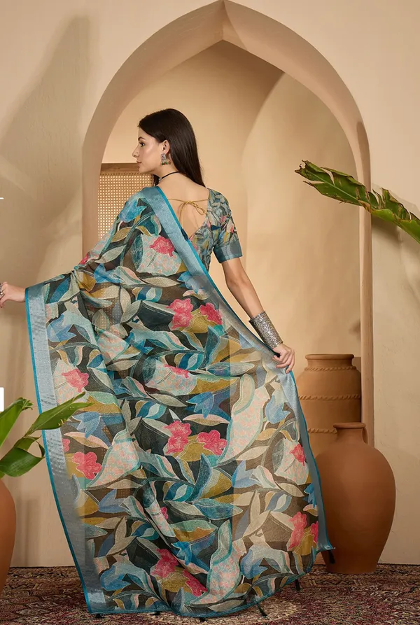 Teal Floral Linen Cotton Saree With Blue Border by Varnavi Women