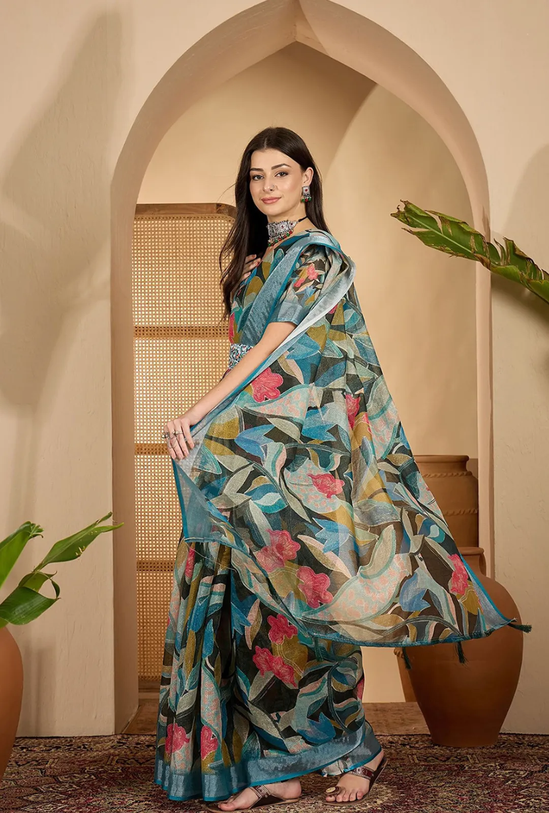 Teal Floral Linen Cotton Saree With Blue Border by Varnavi Women