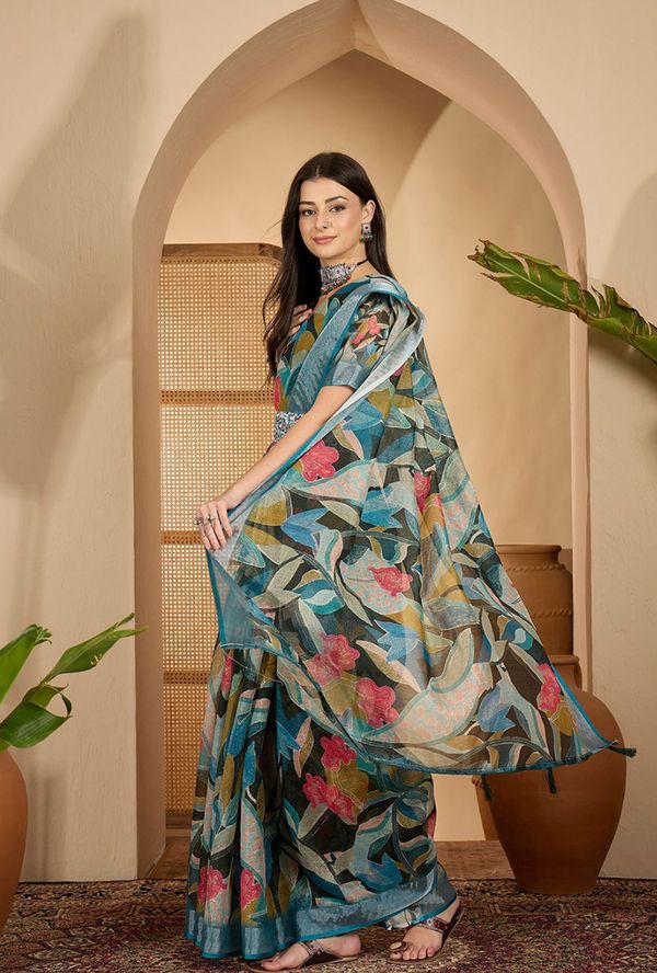 Teal Floral Linen Cotton Saree With Blue Border by Varnavi Women