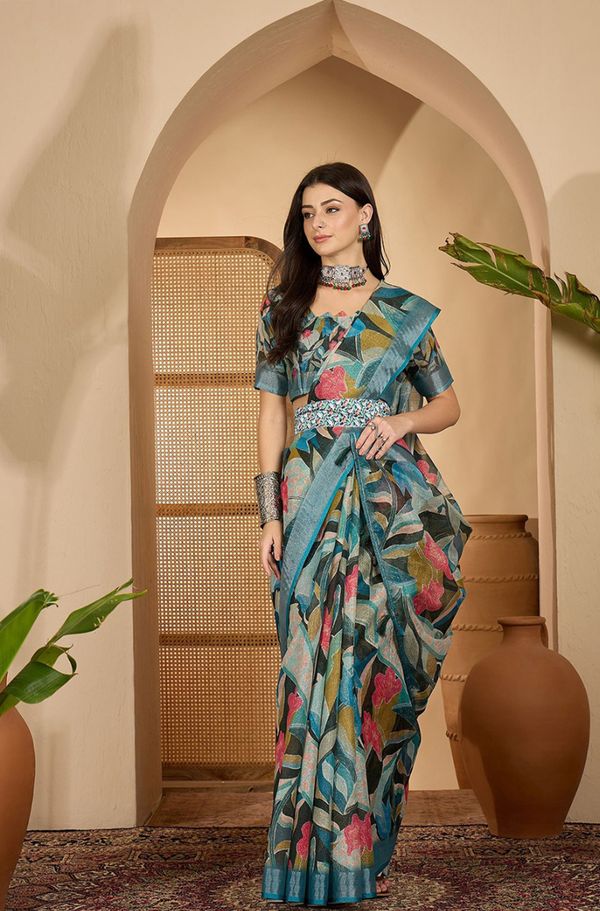 Teal Floral Linen Cotton Saree With Blue Border by Varnavi Women