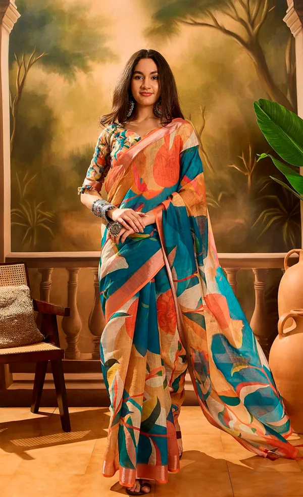 Teal Orange Floral Linen Cotton Saree With Blouse | Varnavi