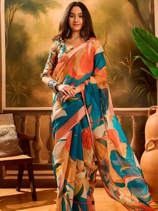 Teal Orange Floral Linen Cotton Saree With Blouse | Varnavi