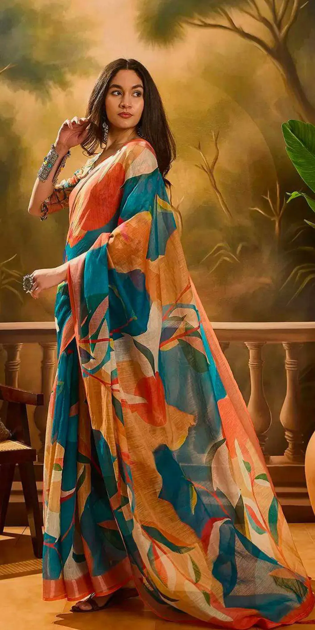 Teal Orange Floral Linen Cotton Saree With Blouse | Varnavi