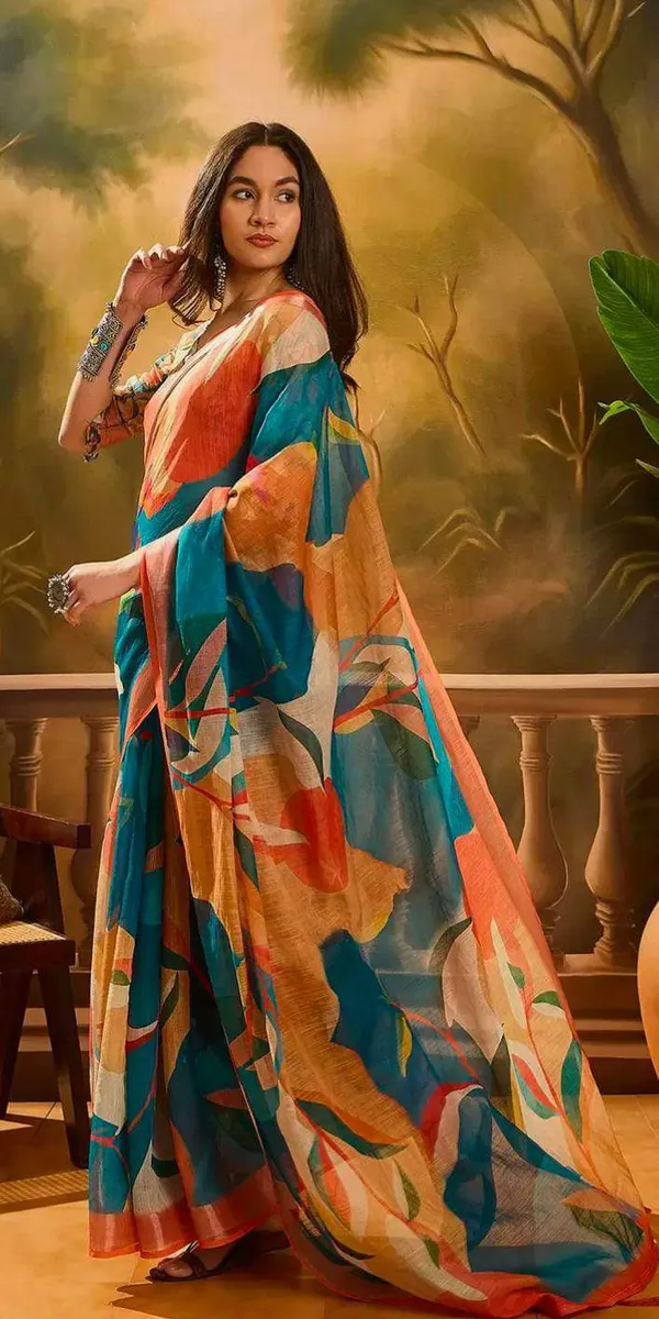 Teal Orange Floral Linen Cotton Saree With Blouse | Varnavi