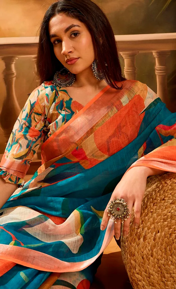 Teal Orange Floral Linen Cotton Saree With Blouse | Varnavi