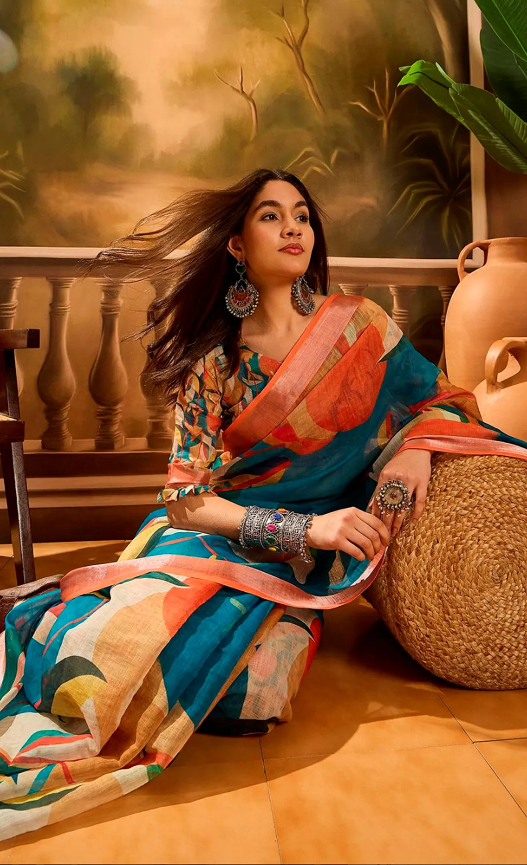 Teal Orange Floral Linen Cotton Saree With Blouse | Varnavi