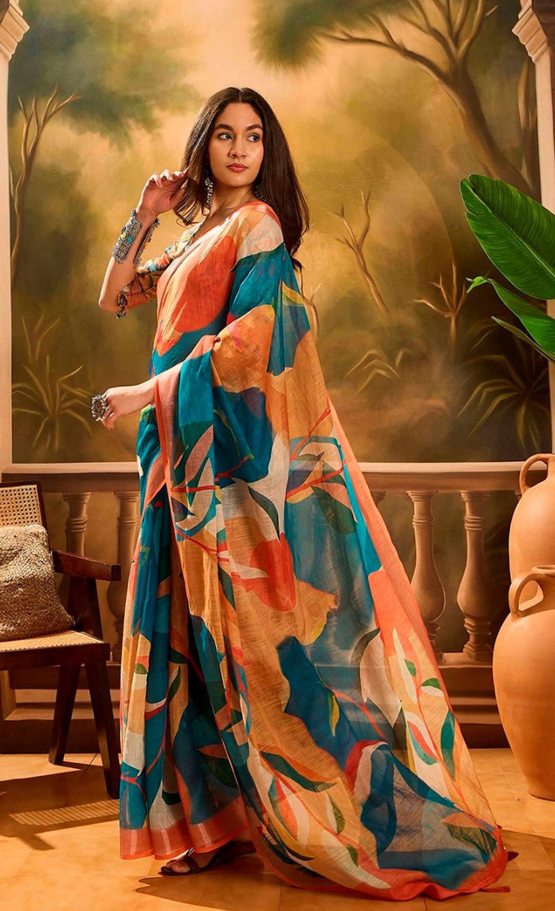 Teal Orange Floral Linen Cotton Saree With Blouse | Varnavi