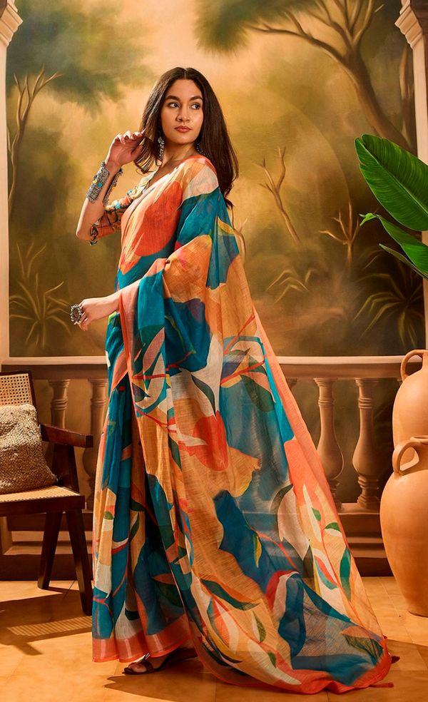 Teal Orange Floral Linen Cotton Saree With Blouse | Varnavi