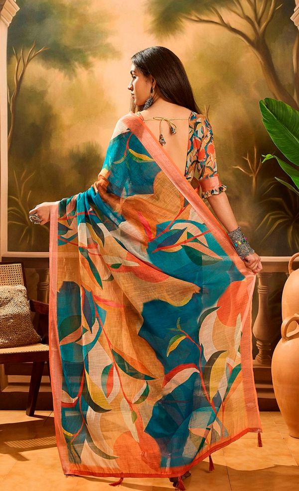 Teal Orange Floral Linen Cotton Saree With Blouse | Varnavi