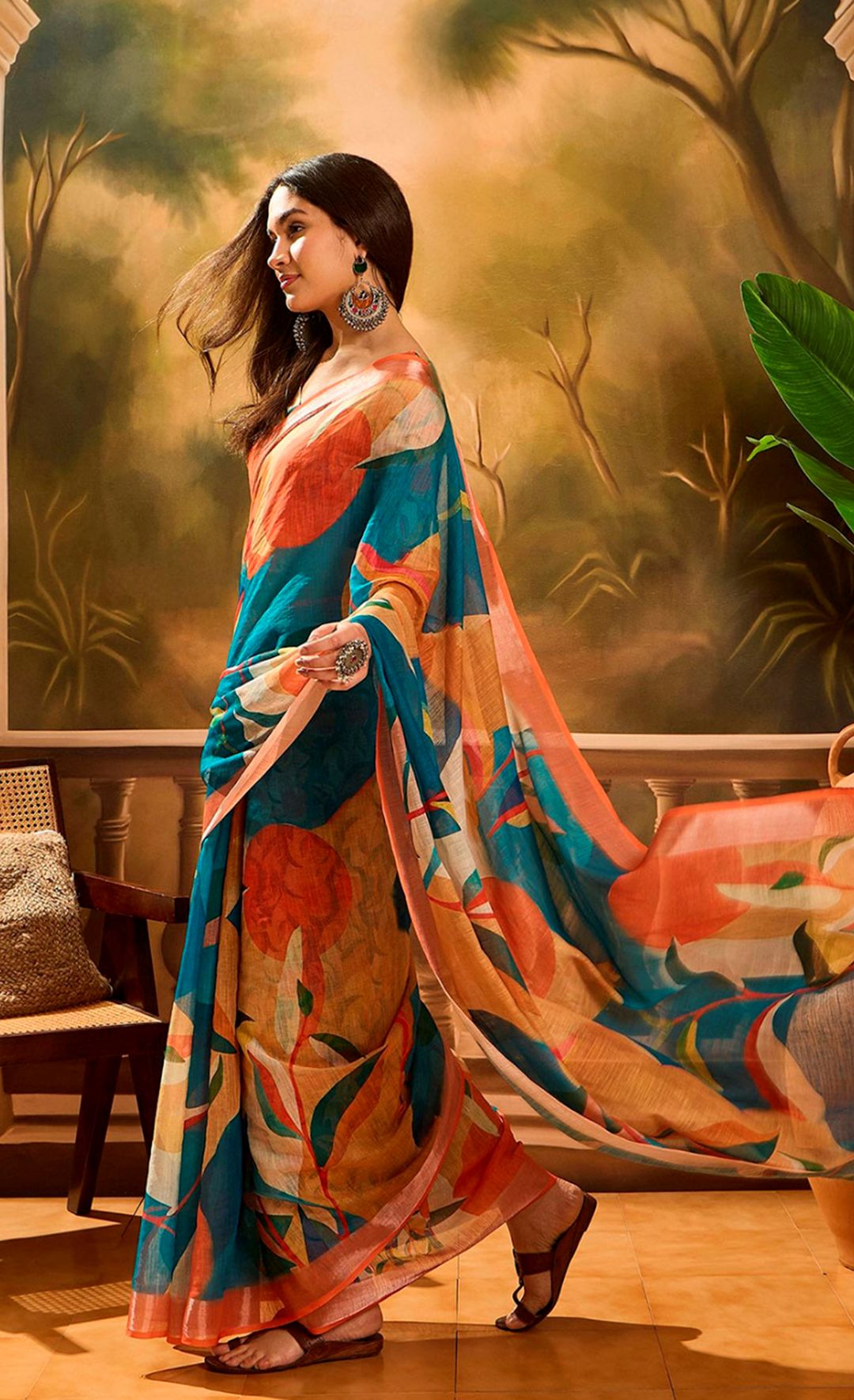 Teal Orange Floral Linen Cotton Saree With Blouse | Varnavi
