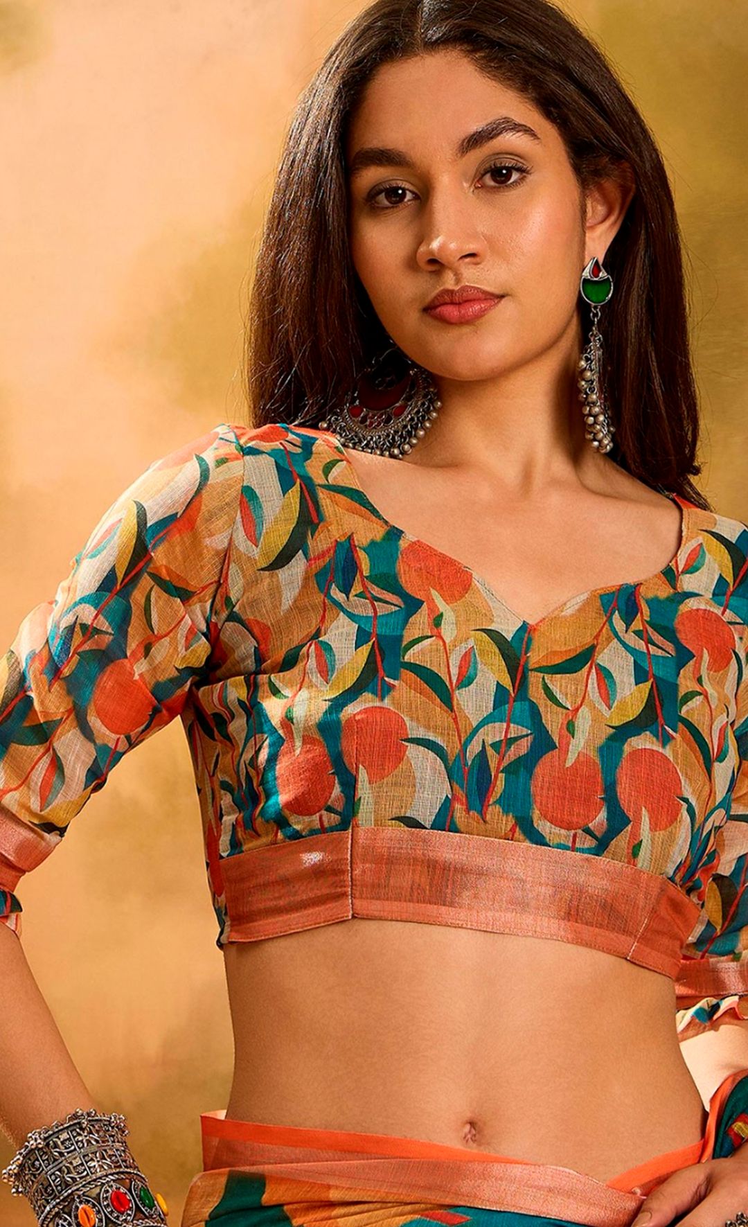 Teal Orange Floral Linen Cotton Saree With Blouse | Varnavi