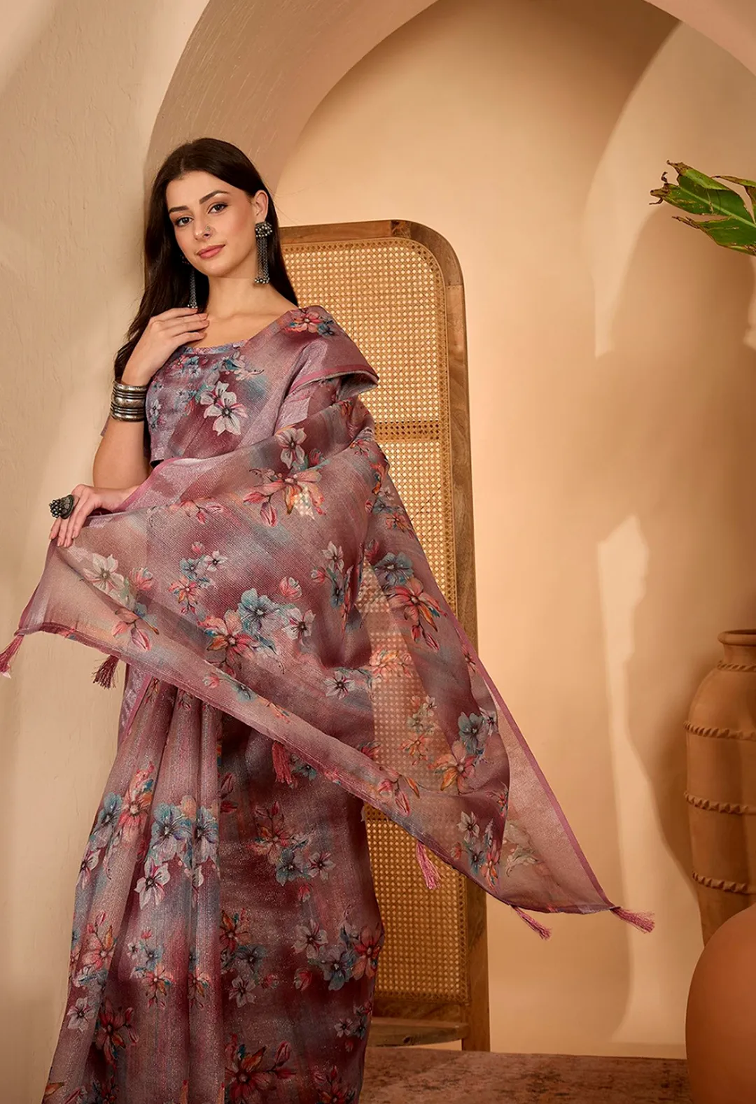 Floral Mauve Linen Cotton Printed Saree with Unstitched Blouse