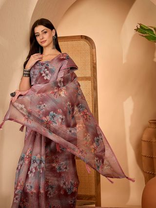 Floral Mauve Linen Cotton Printed Saree with Unstitched Blouse