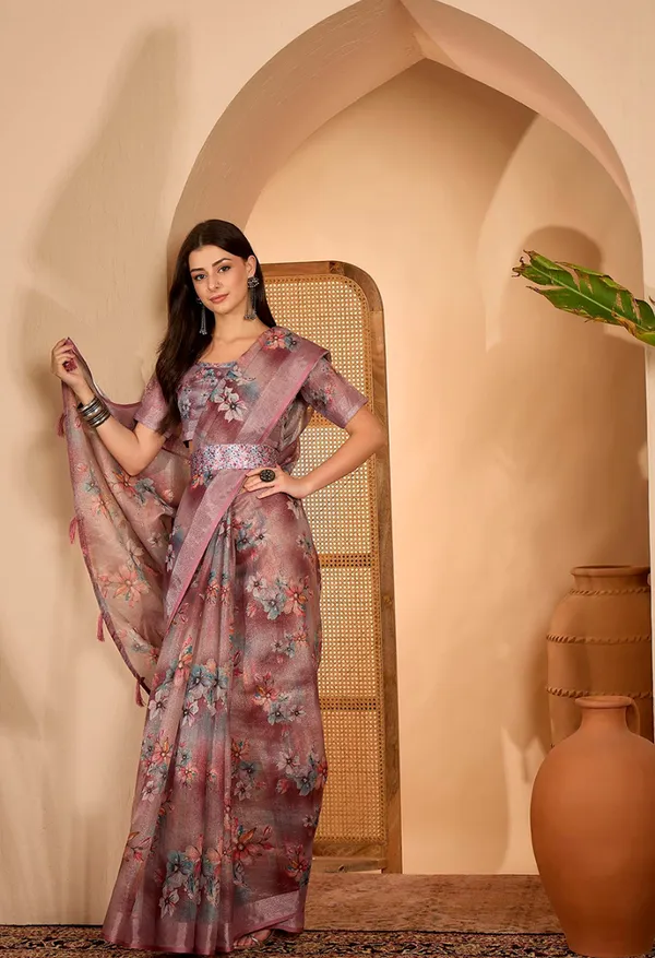 Floral Mauve Linen Cotton Printed Saree with Unstitched Blouse