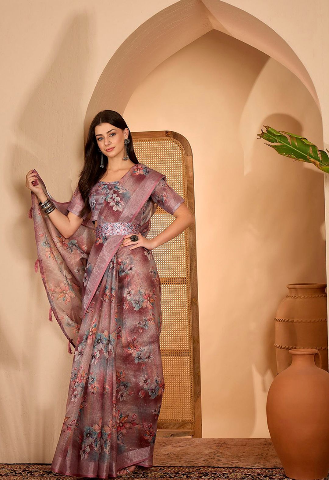 Floral Mauve Linen Cotton Printed Saree with Unstitched Blouse