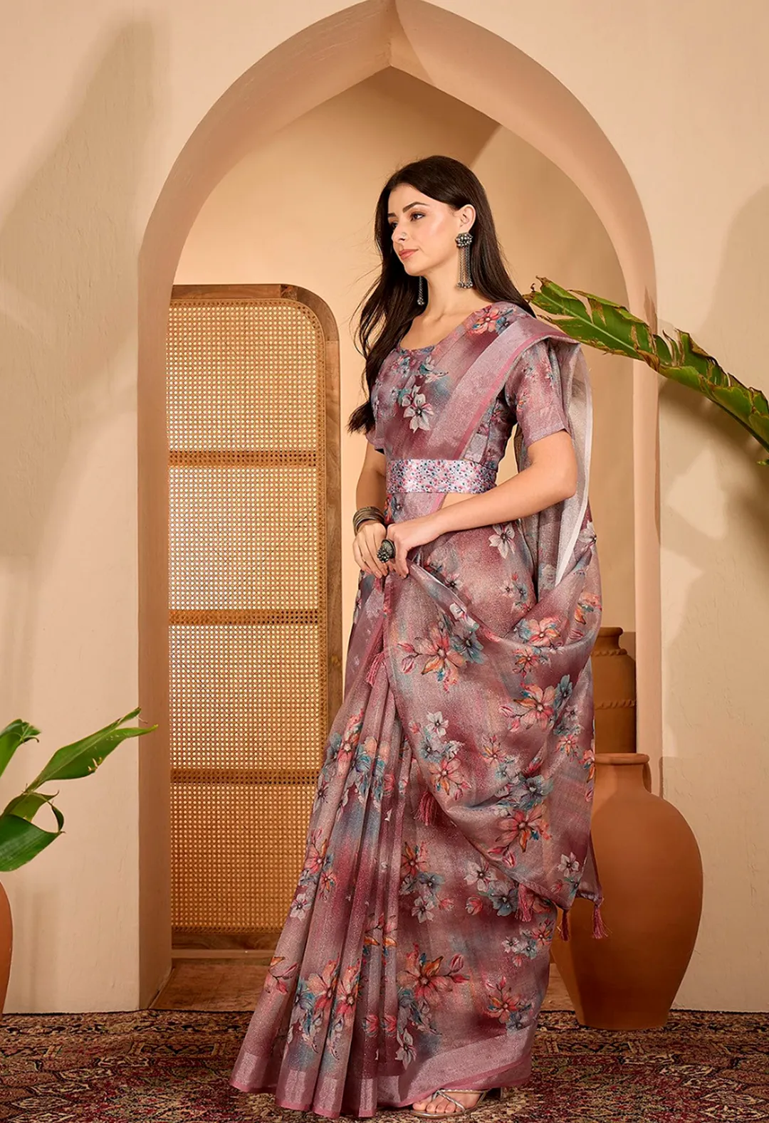 Floral Mauve Linen Cotton Printed Saree with Unstitched Blouse