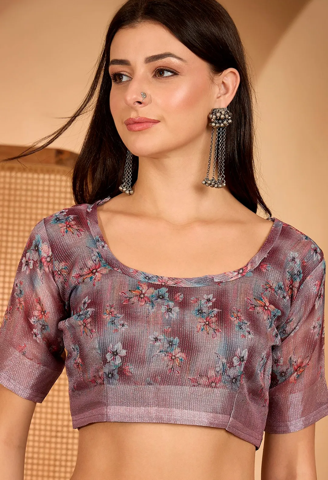 Floral Mauve Linen Cotton Printed Saree with Unstitched Blouse
