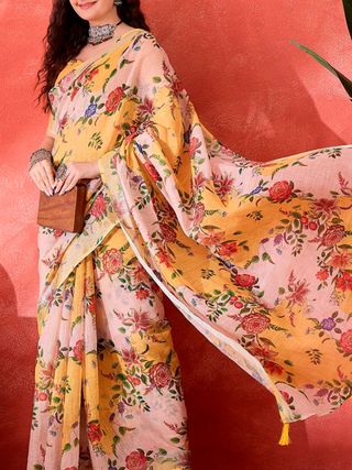 Mustard Floral Linen Cotton Saree with Unstitched Blouse