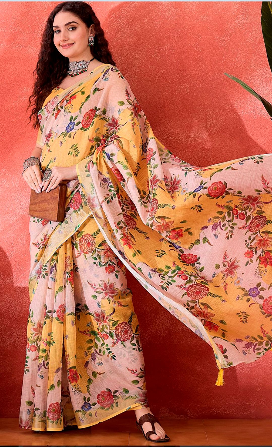 Mustard Floral Linen Cotton Saree with Unstitched Blouse