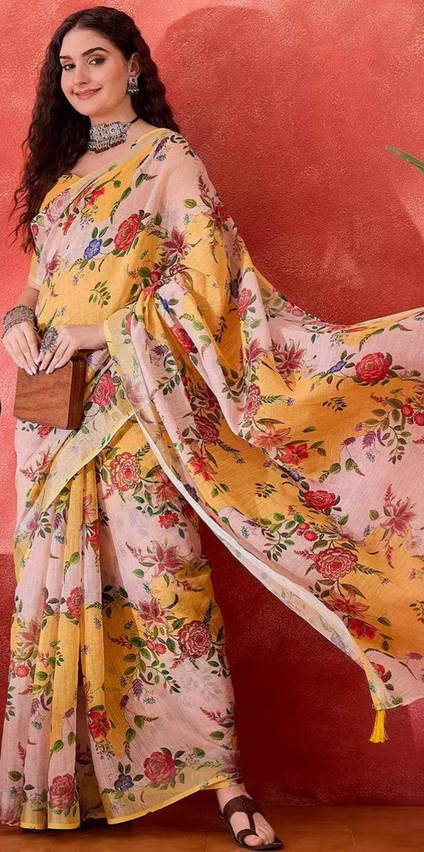 Mustard Floral Linen Cotton Saree with Unstitched Blouse