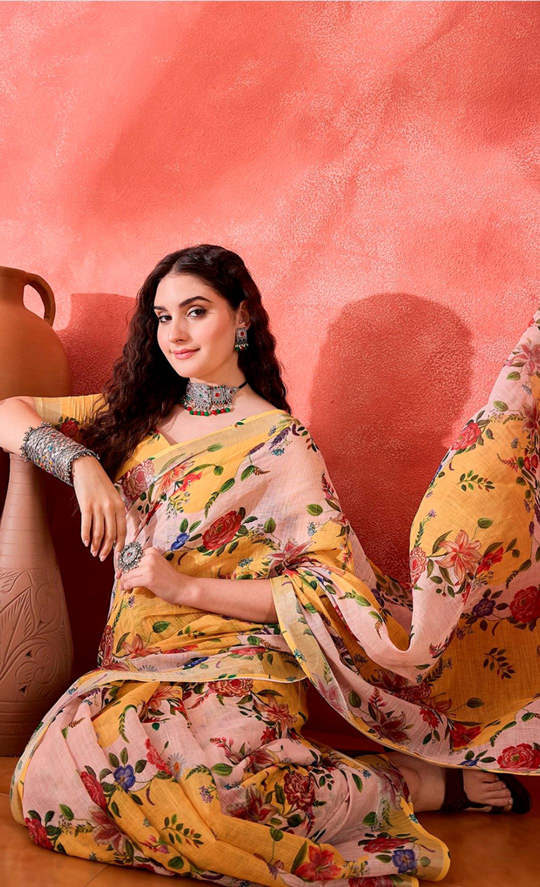 Mustard Floral Linen Cotton Saree with Unstitched Blouse
