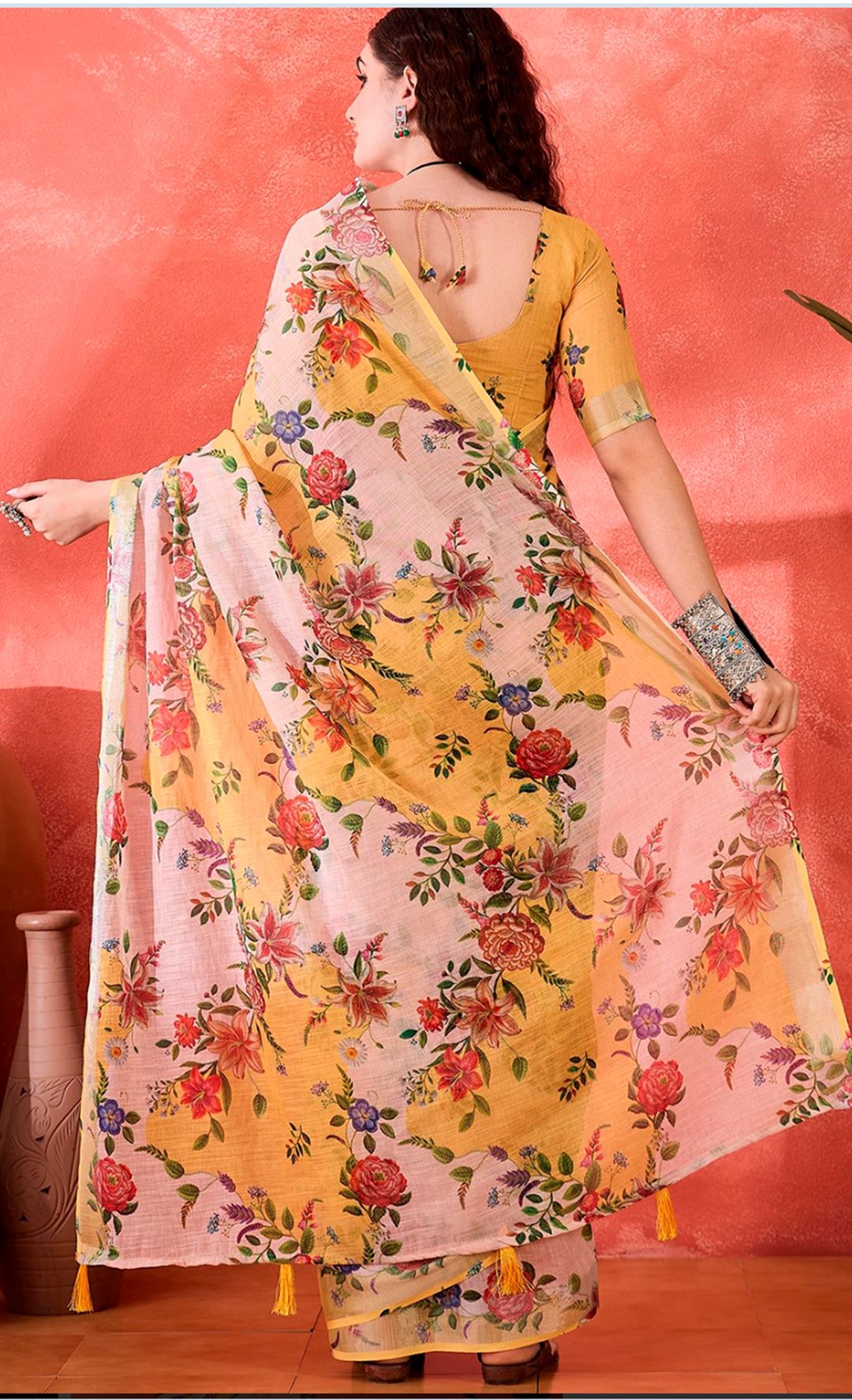Mustard Floral Linen Cotton Saree with Unstitched Blouse
