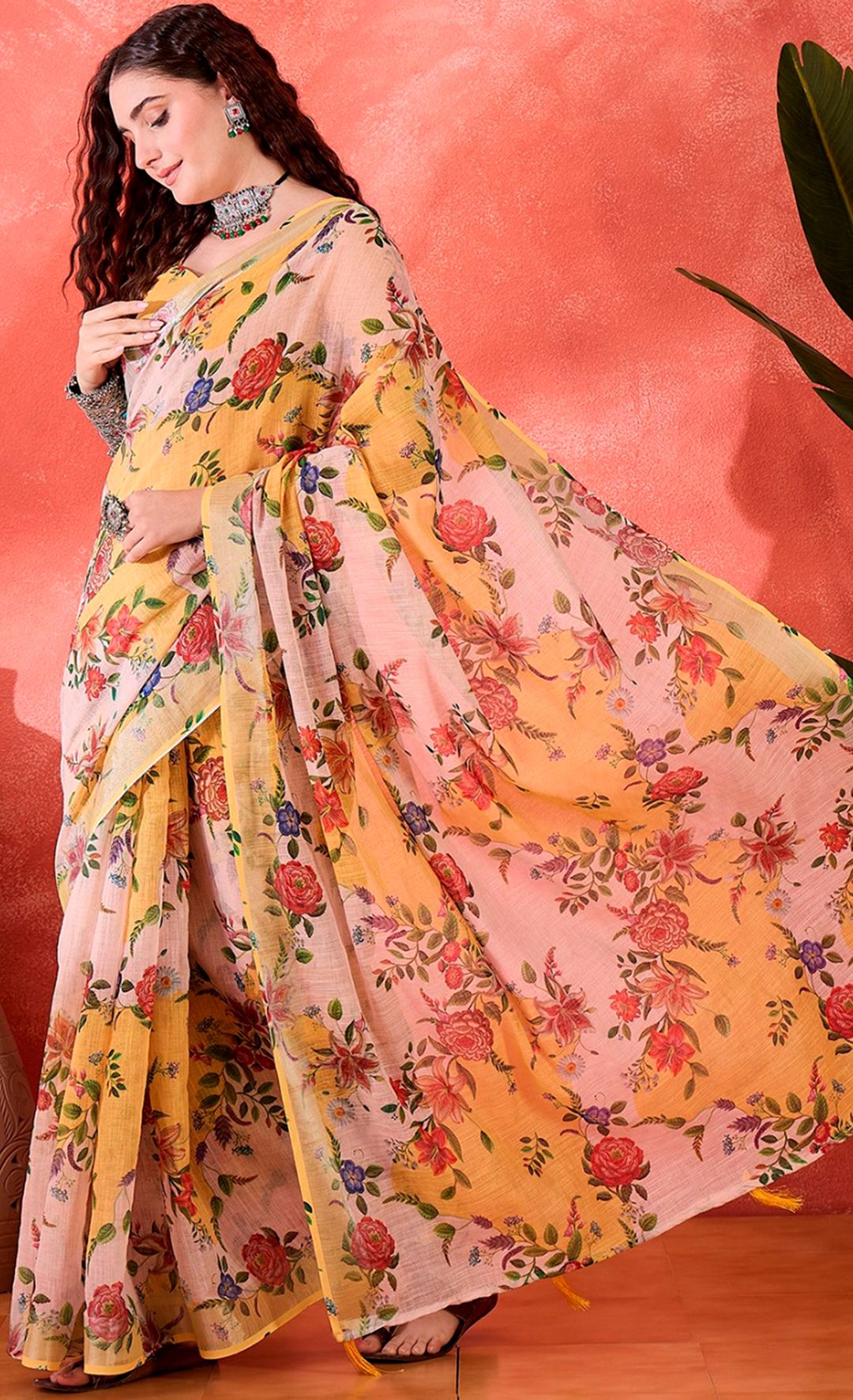 Mustard Floral Linen Cotton Saree with Unstitched Blouse