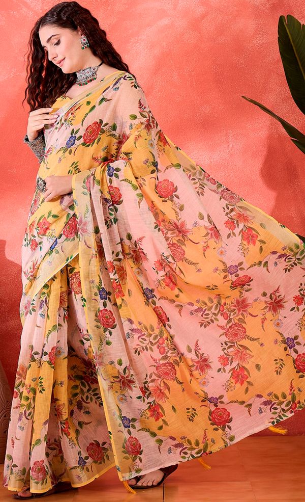 Mustard Floral Linen Cotton Saree with Unstitched Blouse
