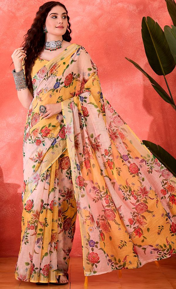 Mustard Floral Linen Cotton Saree with Unstitched Blouse