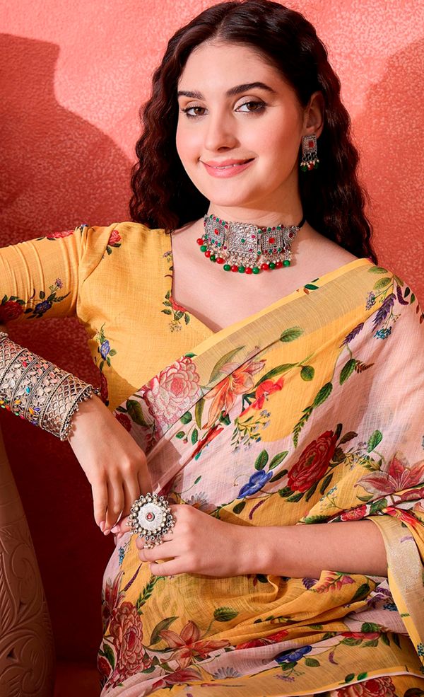 Mustard Floral Linen Cotton Saree with Unstitched Blouse