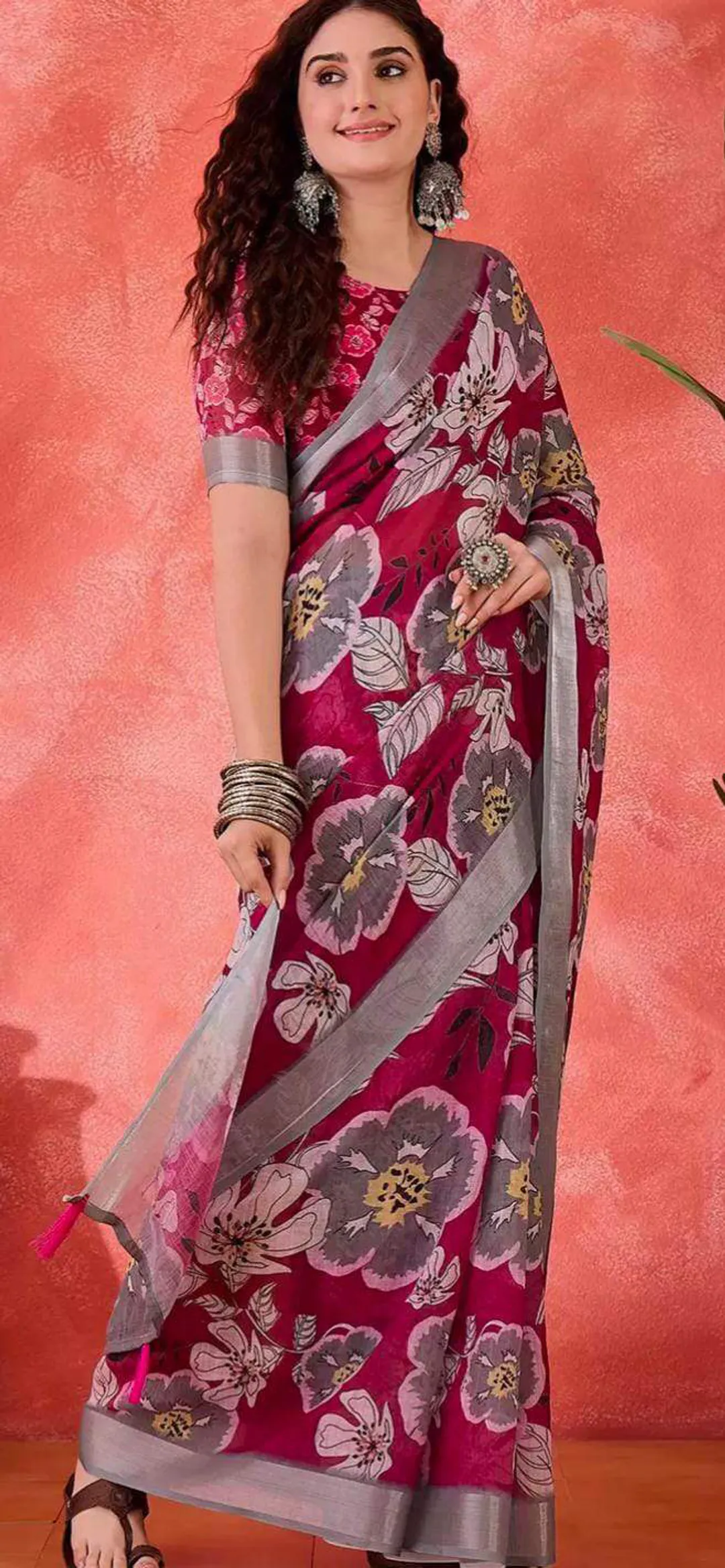 Pink Floral Print Linen Cotton Saree with Contrast Blue Border