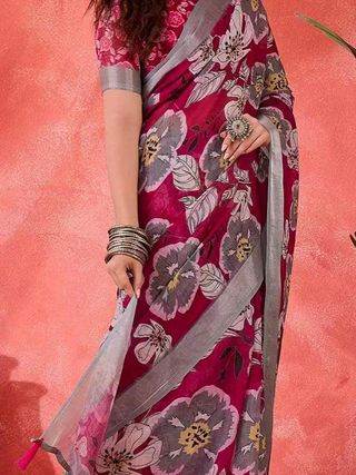 Pink Floral Print Linen Cotton Saree with Contrast Blue Border