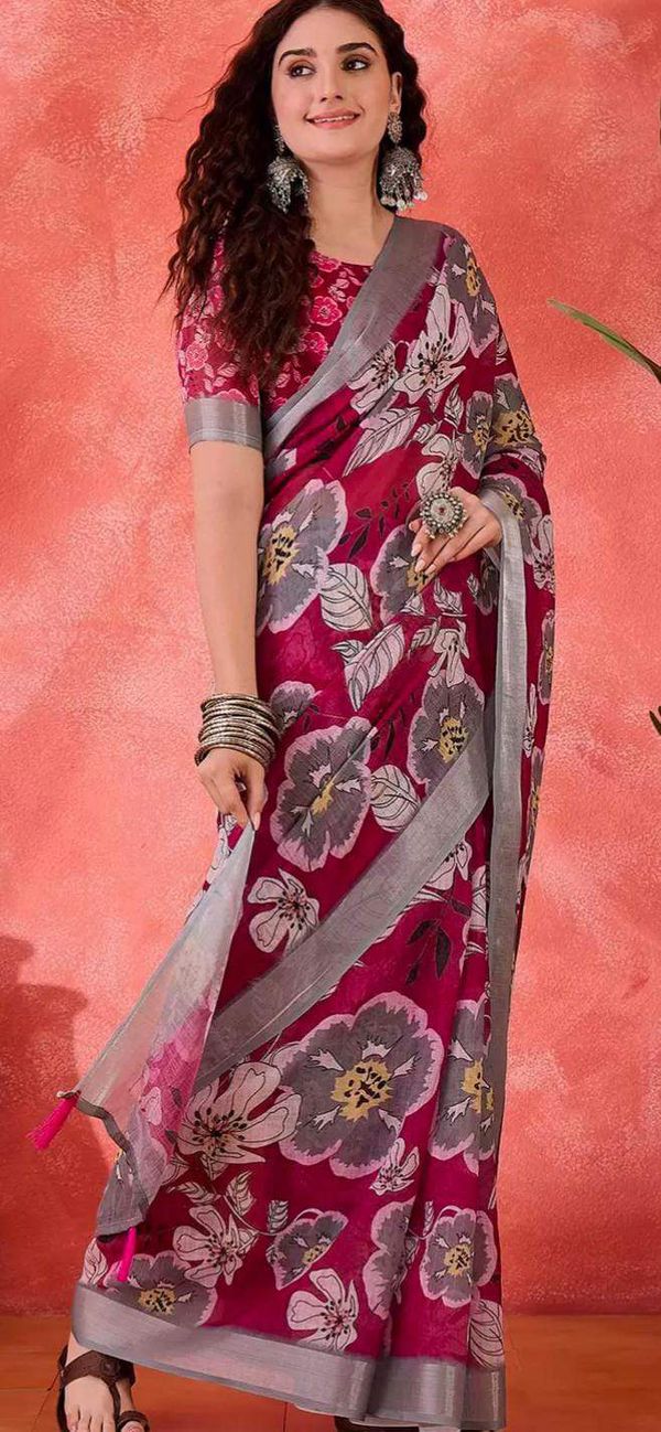 Pink Floral Print Linen Cotton Saree with Contrast Blue Border