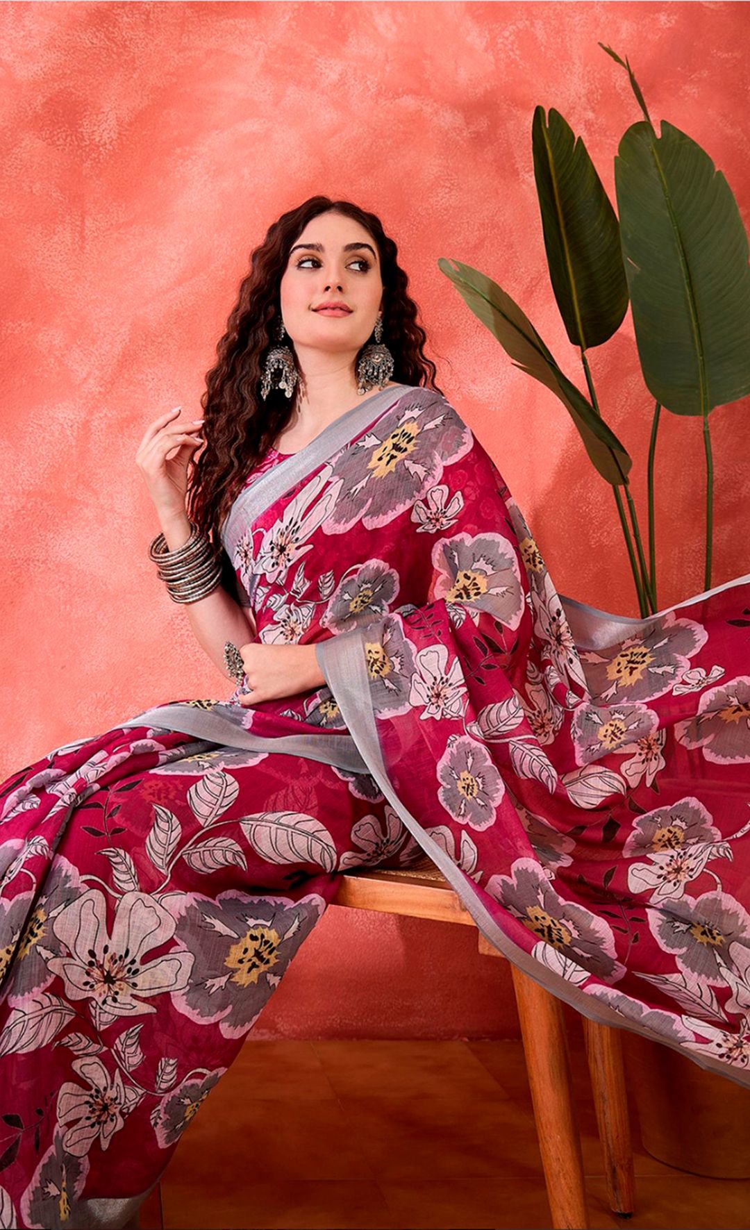 Pink Floral Print Linen Cotton Saree with Contrast Blue Border