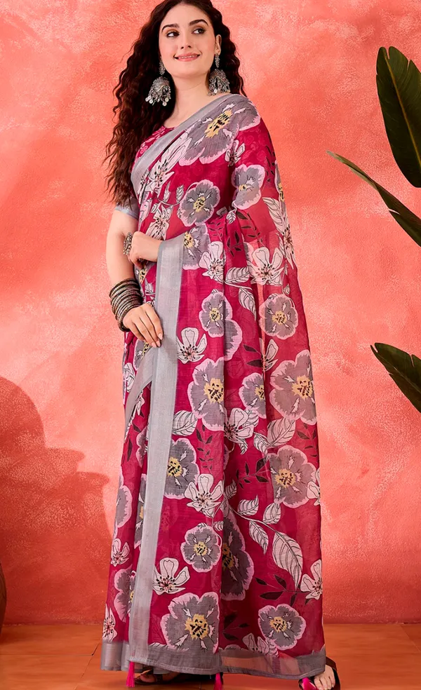 Pink Floral Print Linen Cotton Saree with Contrast Blue Border