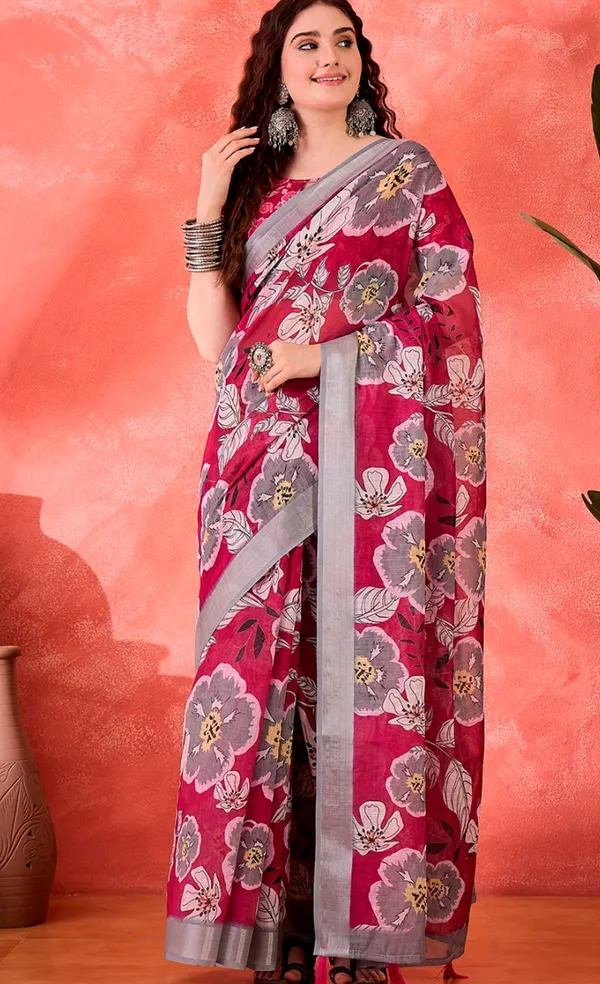 Pink Floral Print Linen Cotton Saree with Contrast Blue Border