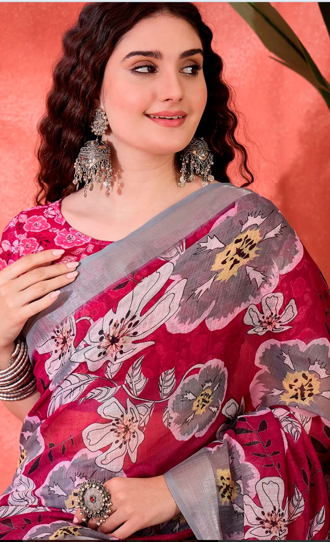 Pink Floral Print Linen Cotton Saree with Contrast Blue Border