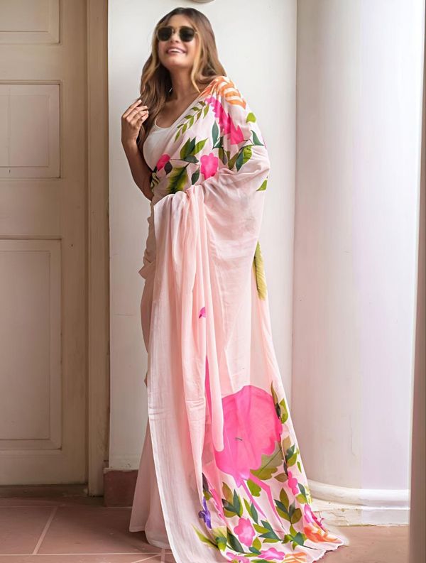 Blush Pink Flamingo Floral Print Linen Cotton Saree