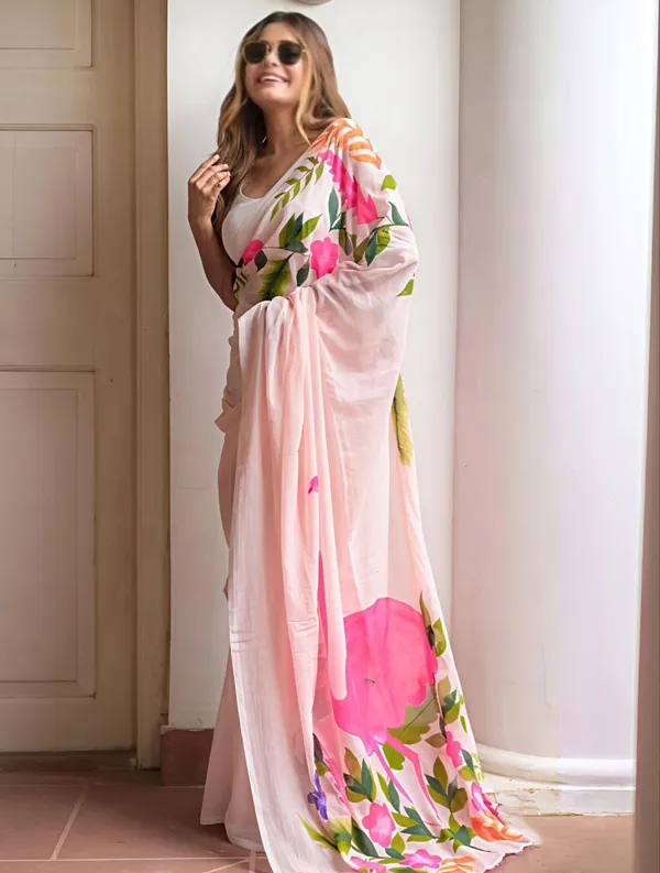 Blush Pink Flamingo Floral Print Linen Cotton Saree