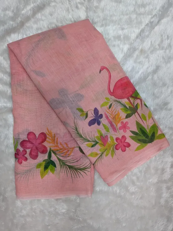 Blush Pink Flamingo Floral Print Linen Cotton Saree